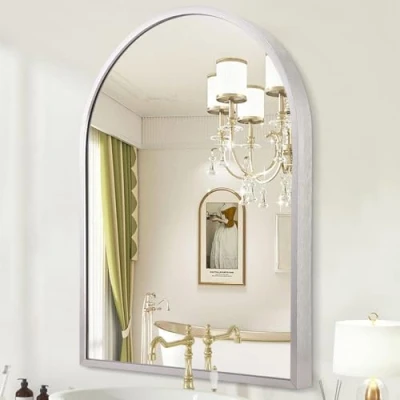 Image of HLFMVWE Arch Bathroom Mirror, Metal Frame Wall Mounted Mirror Silver Vanity for Bedroom Entryway Living Room 40 x 30cm