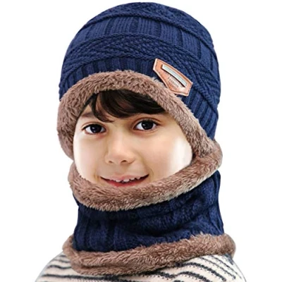Image of Petrunup Kids Warm Knitted Beanie Hat and Circle Scarf Set for Boys &amp; Girls Blue