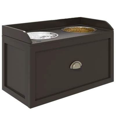 Image of PawHut Stainless Steel Raised Dog Bowls, Double Food and Water Bowl w/ 21L Storage Drawer, for Large Dogs Brown