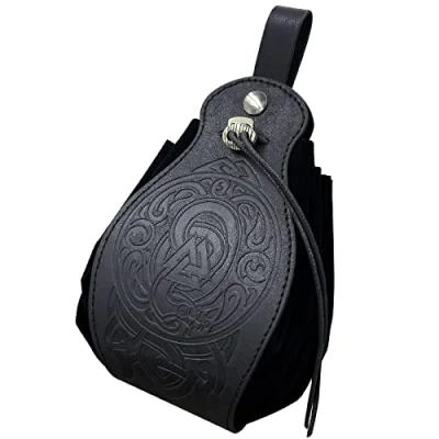 Image of HiiFeuer Medeival Faux Leather Pouch, Portable Drawstring Purse, Vintage Belt Pouch Dice Bag For LARP Ren Faire (Nidhogg Black)
