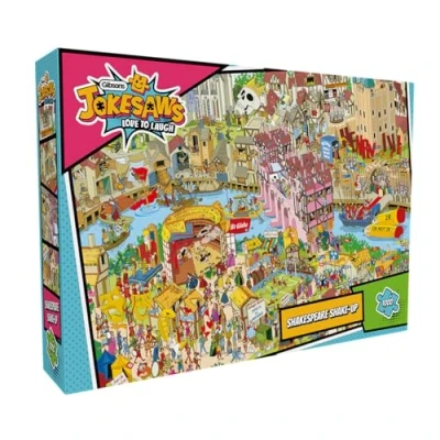 Image of Gibsons Jokesaws Shakespeare Shake up 1000 Piece Jigsaw Puzzle Colourful Comedy Artwork Love to Laugh Sustainable for Adults Teens Premium 100% Recycled Board Great Gift Games