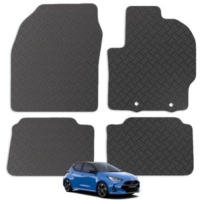 Image of Carsio Rubber Car Mats For Toyota Yaris Hybrid &amp; Cross 2020+ Tailored Fit Floor Mat Set Complete Accessory Black Custom Fitted All Weather Heavy Duty, Anti Slip Backing with Clips