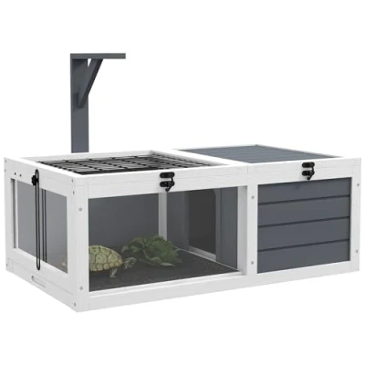 Image of PawHut Tortoise House, Wooden Table, Enclosure with Lamp Holder, Openable Lids, Pull Out Trays Grey