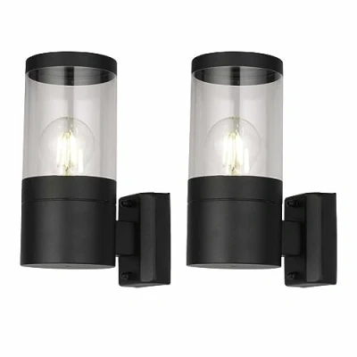Image of Set of 2 Modern Black Outdoor Wall Lights, IP44 Waterproof Garden Porch Light, Clear Diffuser, LED Compatible