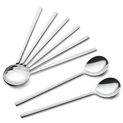 Image of IQCWOOD Spoons, 8 Pieces Stainless Steel Korean Spoons,8.5 Inch Soup Spoon with Long Handles, Rice Spoon, Asian for Home, Kitchen, or Restaurant