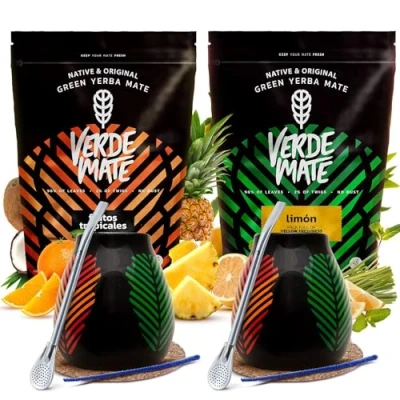 Image of Set of yerba mate with accessories Verde Green Frutos Tropicales and Limon Fruity Calabash, bombilla Natural caffeine Brazilian 2x500g 1kg
