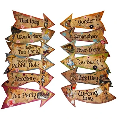 Image of Alice in Wonderland Party Vintage Style Arrow Signs / Mad Hatters Tea Props Pack of 12