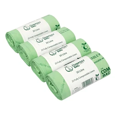 Image of 30 Litre x 100 Compostable Caddy Bags Compost Bag Kitchen Food Waste Liners 30L EN 13432 Pedal/Kerbside Bin with Composting Guide