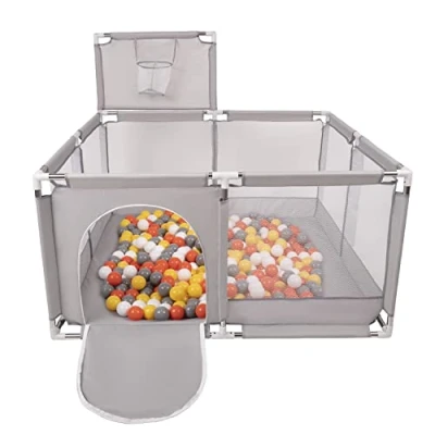 Image of Selonis Square Play Pen Filed with 200 Balls Basketball, Grey:Yellow/White/Grey/Orange