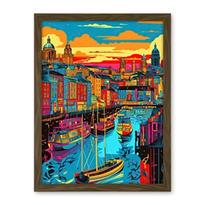Image of Artery8 Vibrant Liverpool City Waterfront Sunset Cityscape Artwork Framed Wall Art Print 18X24 Inch