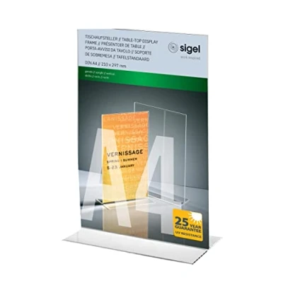 Image of SIGEL TA220 Sign Holder, upright, for A4, double sided presentation, uv resistant acrylic, transparent, 1 Piece