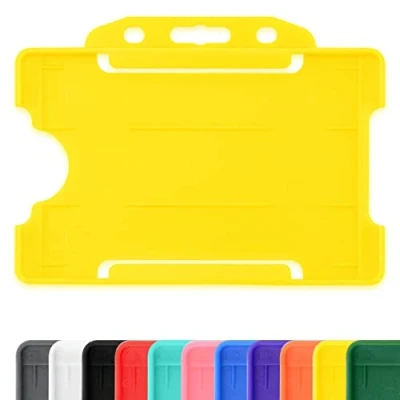 Image of Yellow Single Sided Rigid Slide in Open Faced ID Card Badge Holders Horizontal/Landscape Identity Plastic Pass Protector Holds a 86mm 54mm cr80 Credit Sized Pack of 100