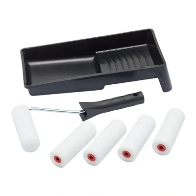 Image of Fit for The Job 7 pc Foam Mini Paint Roller Set Painting with Gloss &amp; Satin, Small and Tray Wood Metal, Skirting, Window Sills, Doors, 4 inch Set,