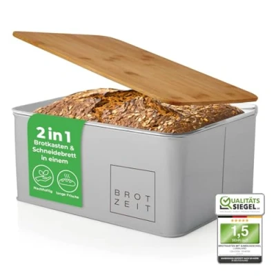 Image of Lumaland Cuisine Bread Bin Metal Box with Bamboo Lid Rectangular 30,5 x 23,5 14 cm 2in1 &amp; Cutting Board [Light Grey]