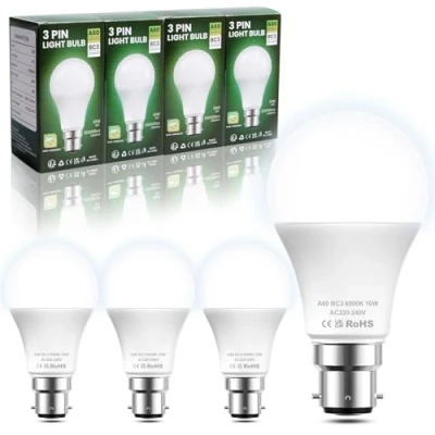 Image of BrightArk BC3 3 Pin Light Bulbs,4 Pack 10W Energy Saving LED Bulb,75W Equivalent,15,000hrs Lifetime,Non Dimmable,6500k Cool White A60 Bulbs for Ceiling Light,Landing Light,Hallway
