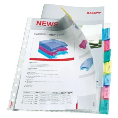 Image of Esselte Index Punched Pocket with 8 Tabs, Holds up to 30 A4 sheets, Transparent, 130 Micron PP Material, 414150
