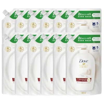 Image of Dove Moisturising Eco Refill for Liquid Hand Wash Nourishing Silk Effective Antibac Cleansing 24H Nourishment and Instantly Soft Skin 500ml, 12 Pack