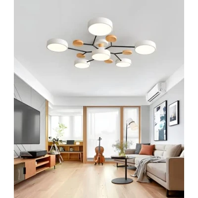 Image of Modern Semi Flush Mount Ceiling Light Nordic White LED Lamp Circular Acrylic 6 Heads Chandelier Sputnik Fixture with Wood Decoration for Living Room Dining Bedroom