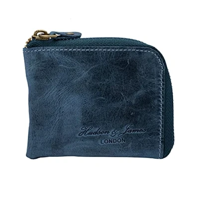 Image of Designer Hudson &amp; James London Real Leather Small Zippered Mens Women Wallet Slim Credit Carder Holder Purse with Gift Box (Distressed Blue)