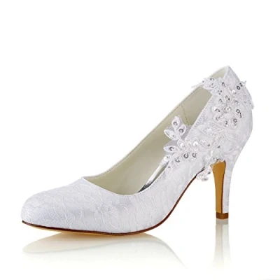Image of Emily Bridal Wedding Shoes Women&#039;s Silk Like Satin Stiletto Heel Pumps with Stitching Lace Flower Crystal Pearl (EU39/UK6, White)