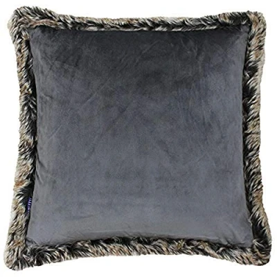Image of Riva Paoletti Kiruna Square Feather Filled Cushion Smoke Grey Velvet Look and Feel Faux Fur Edging Reversible Hidden Zip Closure 100% Polyester Case 45 x 45cm (18&quot; 18&quot; inches)