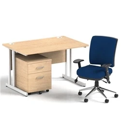 Image of Impulse 1200 Desk Maple/White Cantilever 2 Dr Mobile Ped Blue Chair