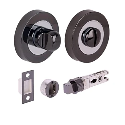 Image of HANDLEZONE® Bathroom Toilet Door Thumb Turn and Release Bullet Round Deadbolt Kit Dual Finish Black Nickel/Polished Chrome 76mm Bolt with 57mm Backset