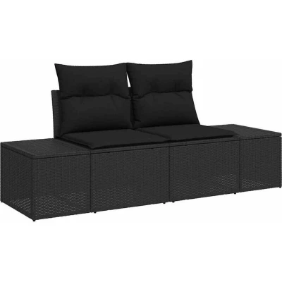 Image of vidaXL 2 Seater Garden Sofa with Storage&amp;Cushions Black Poly Rattan