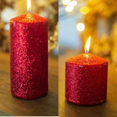 Image of Marco Paul 2 Pack Red Glitter Pillar Candle Pair Small and Large Long Burn Time Candles Burning Lantern Light Lasting Festive Décor Wedding Party Christmas