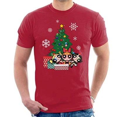 Image of Powerpuff Girls Around The Christmas Tree Men&#039;s T Shirt Cherry Red