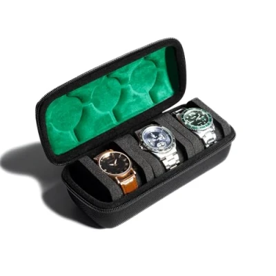 Image of AUKURA Hard watch Travel Case,3 slots Roll Case Storage and Organizer for Men Women, with anti move pillow (Black 3slot green lining)