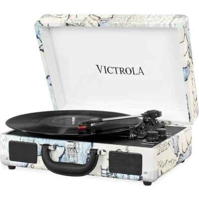 Image of Victrola Journey Portable Record Player Suitcase 5.0 Bluetooth turntable with 3 Speeds, Built in Stereo Speakers, 3.5mm Aux Jack, Map Print (VSC 550BT)