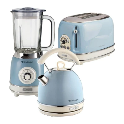 Image of Ariete ARPK27 Retro Style Dome Kettle, 2 Slice Toaster &amp; Jug Blender Set, Vintage Design, Blue