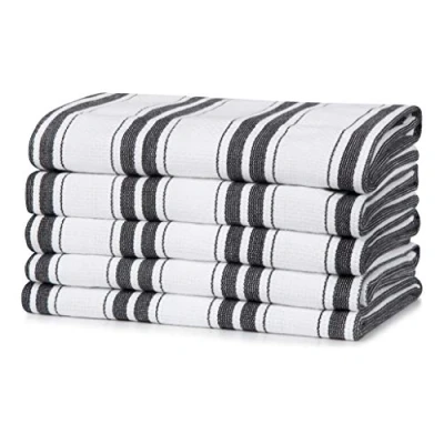 Image of 100% Cotton Tea Towel Black Basketweave Stripe Pattern, Pack of 5 Kitchen Set Absorbent, Strong, Quick Dry &amp; Machine Washable for Home Decor Bathroom Accessories