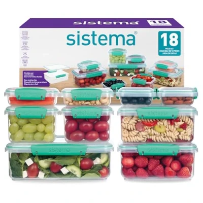 Image of Sistema KLIP IT Food Storage Containers Airtight &amp; Stackable Meal Prep with Lids School Lunch Boxes Snack BPA Free 18 Count (9 Lids)