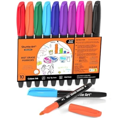 Image of Shuttle Art Wet Erase Markers, 10 Colours Fine Tip Whiteboard Pens, Smudge Free Wipe with Water Markers for Laminated Calendars, Overhead Transparency Project, Whiteboards, School Office