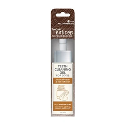 Image of TropiClean Enticers Teeth Cleaning Gel for Dogs Peanut Butter &amp; Honey Flavor, 2oz Dental Helps Fight Plaque Bad Breath Flavor Love No Brushing Required