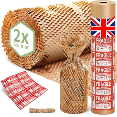 Image of ecoTru UK Honeycomb Packing Paper 36cm x 50m, British Brand Bubble Wrap for Moving House Eco Alternative, Small Business Packaging Shipping Wrapping &amp; Void Fill, Recyclable Biodegradable