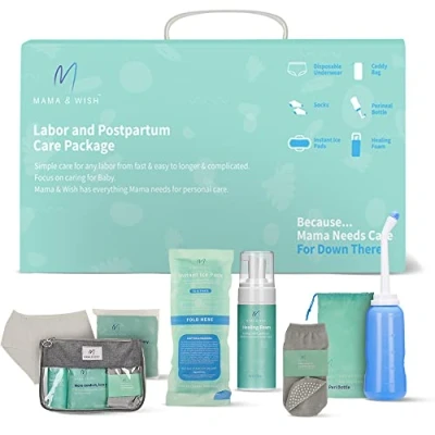 Image of Mama &amp; Wish Postpartum Essentials Kit for Mom Post Partum Recovery Labor and Delivery with Hospital Women After Birth Includes Peri Bottle, Witch Hazel Comfy Garments More