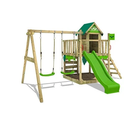 Image of FATMOOSE Wooden climbing frame JazzyJungle Jam XXL with swing set &amp; apple green slide, Outdoor kids playhouse sandpit, ladder play accessories for the garden