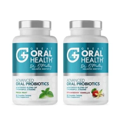 Image of Advanced Oral Probiotics for Mouth Bad Breath Treatment Adults, Dentist Formulated BLIS K12 M18 Health Teeth/Gums, Flavor Variation Pack: Mint, Strawberry Vanilla 60 Count Each
