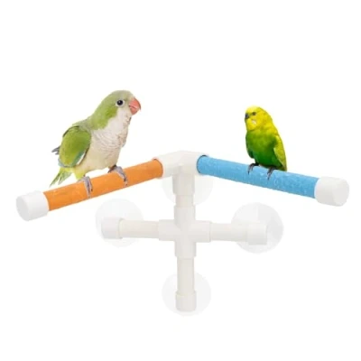 Image of Portable Suction Cup Bird Window and Shower Perch Toy for Parrot Macaw Cockatoo African Greys Budgies Parakeet Bath Double Stand