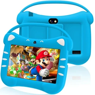 Image of VESWWE Toddler Tablet for Kids 7 Inch Android with WiFi Dual Camera Bluetooth Parental Control Shockproof Case Educational Games 32GB ROM ages 3 14 year old (Blue)