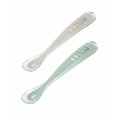Image of Béaba Baby Spoons Silicone Weaning Spoon Set of 2 1st Stage with Carrying case Velvet Grey/sage Green