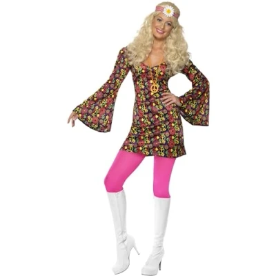 Image of Smiffys 60s CND Costume, Multi Coloured Dress with Bell Sleeves, 1960&#039;s Groovy Fancy Dress, 1960s Up Costumes