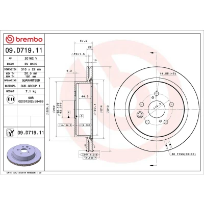 Image of 4243130320 Brake disc BREMBO 09.D719.11 310mm 22mm 5 internally vented Coated LEXUS: RC, GS IV
