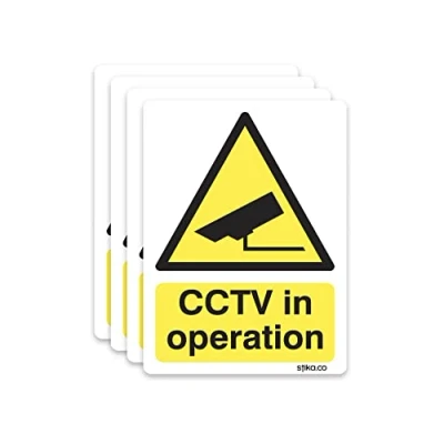 Image of Pack of 4 CCTV camera in operation warning Sign, 5cm x 7cm, Static cling Window vinyl for Internal/External Use, Car, Van, Windows