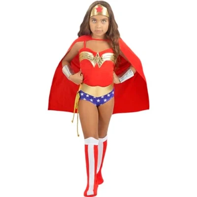 Image of Funidelia Classic Wonder Woman Costume for girl Superheroes, DC Comics Costumes kids, accessory fancy dress &amp; props Halloween, carnival parties Size 3 4 years Blue