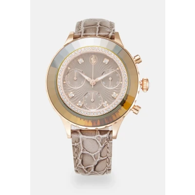 Image of Swarovski Octea Chrono watch, Swiss Made, Leather strap, Grey, Rose gold tone finish