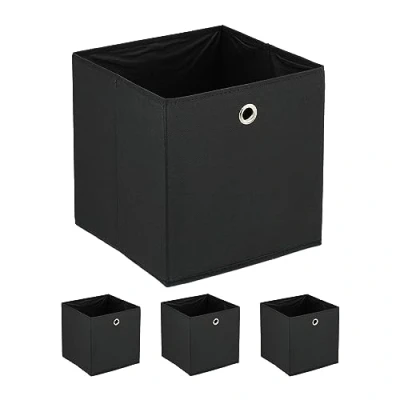 Image of Relaxdays Set of 4, Foldable, HWD: 30x30x30 cm, Fabric Storage Box with Handle, Open Shelf Basket, Black, Iron, 30 x cm